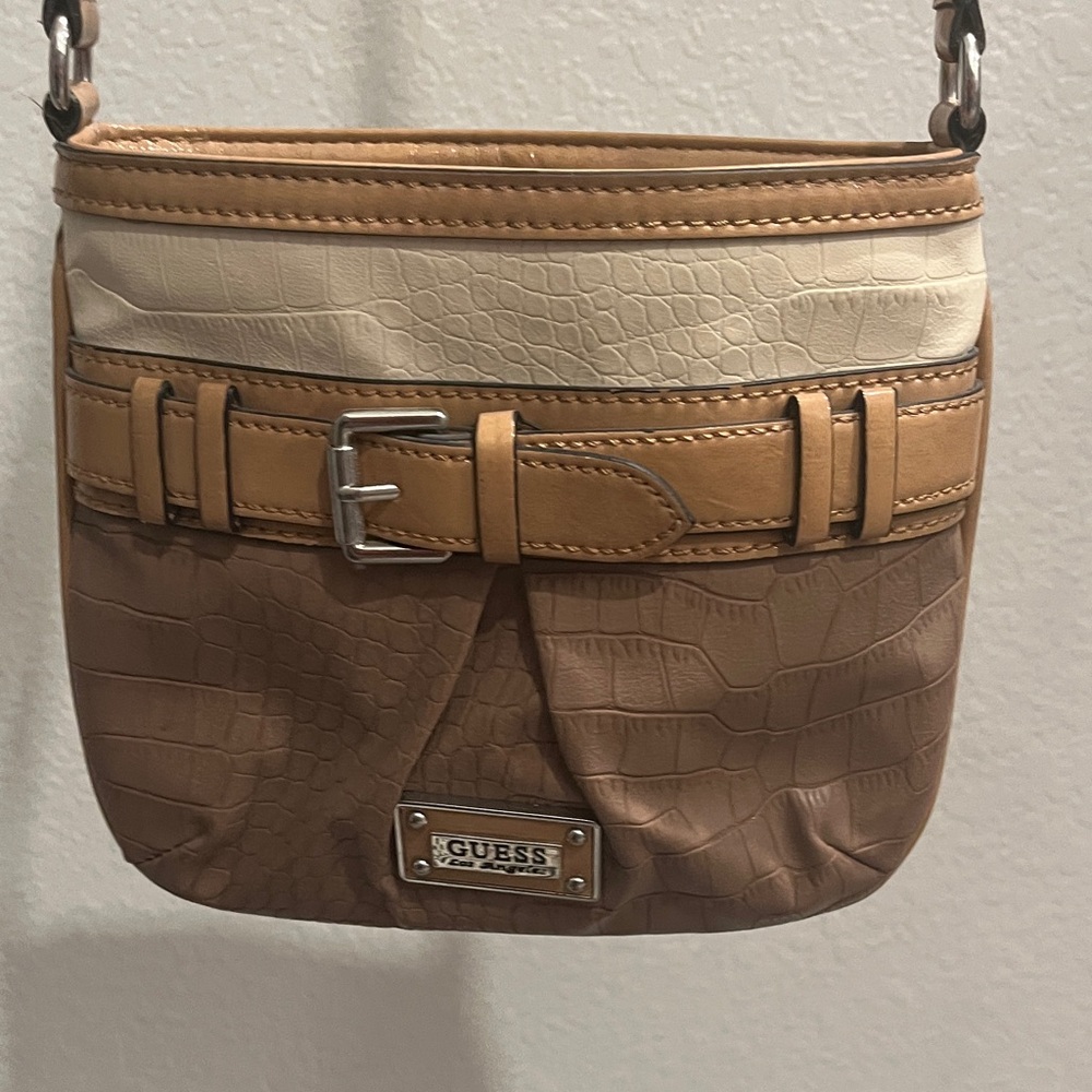 Guess Tan and Cream Croc-Embossed Crossbody Bag